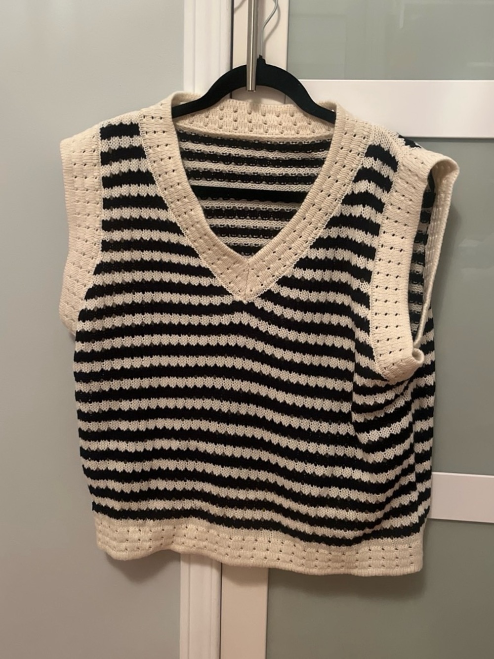 Striped V-Neck Knit Sweater Vest in Black and Cream